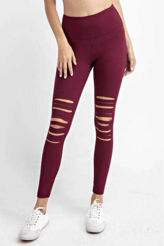 Laser Cut Wide Waist Band Leggings In Burgundy