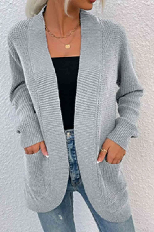 Open Front Rib-Knit Cardigan with Pockets