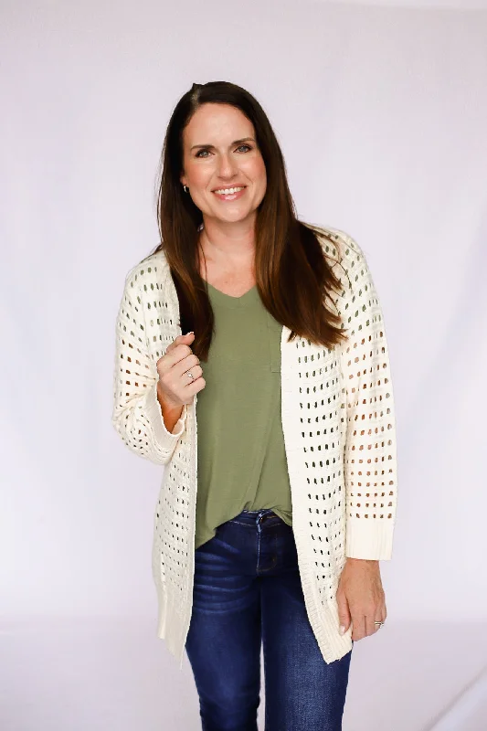 Openwork Open Front Long Sleeve Cardigan