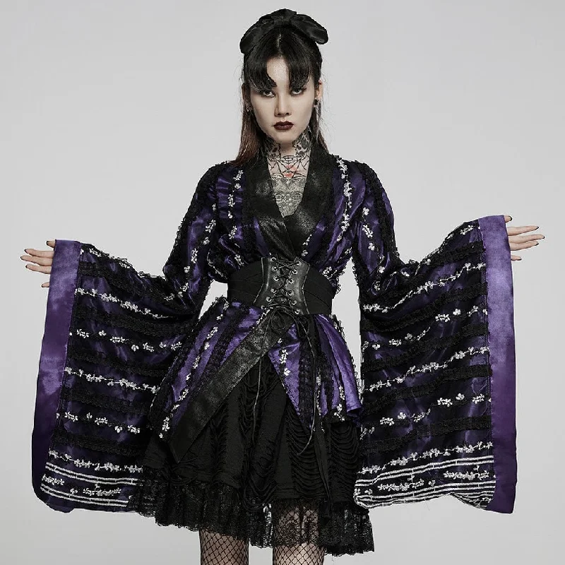 Women's Gothic Floral Lace Kimono Coat Purple With Belt