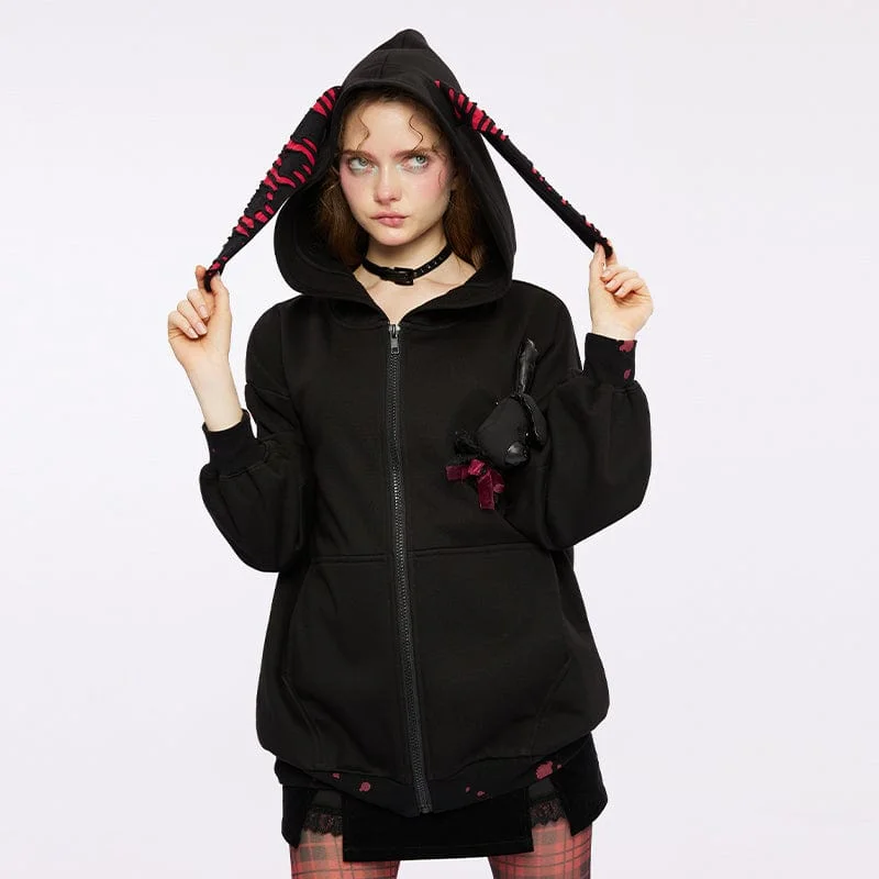 Women's Grunge Bloodstain Printed Coat with Rabbit Ears Hood