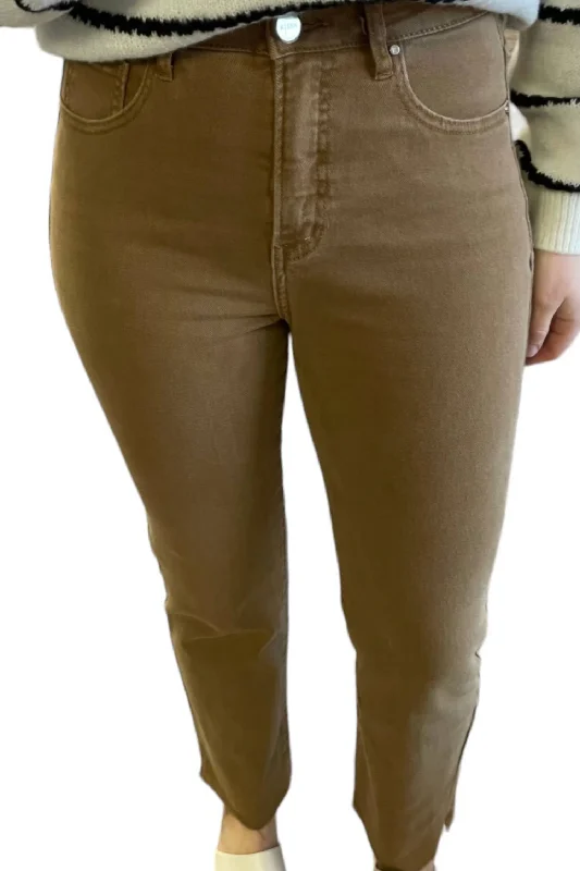 Raw Hem Side Slit Straight Jeans In Cocoa