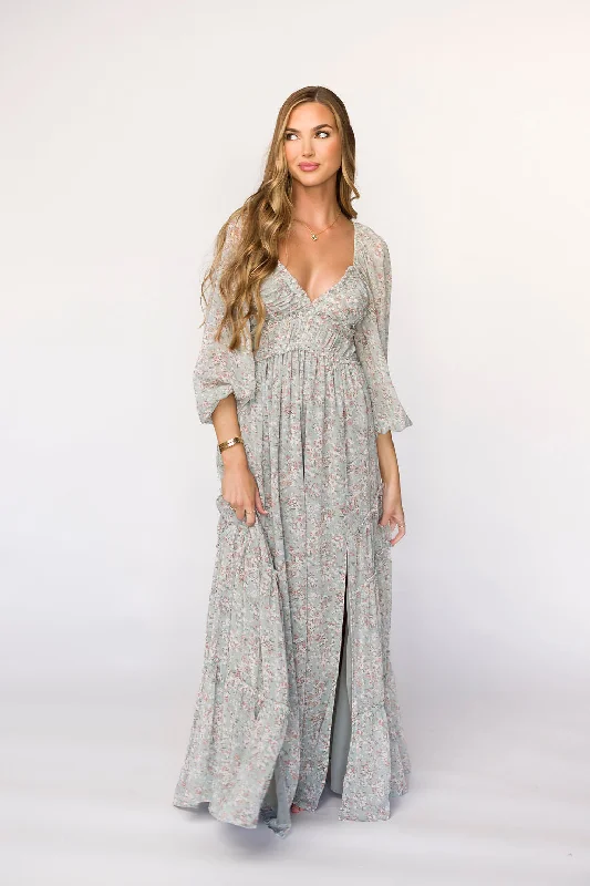 Daphne Long Sleeve Maxi Dress in Sage/Pink/Ivory Floral - Bump Friendly & Inclusive Sizing (XS-3XL)