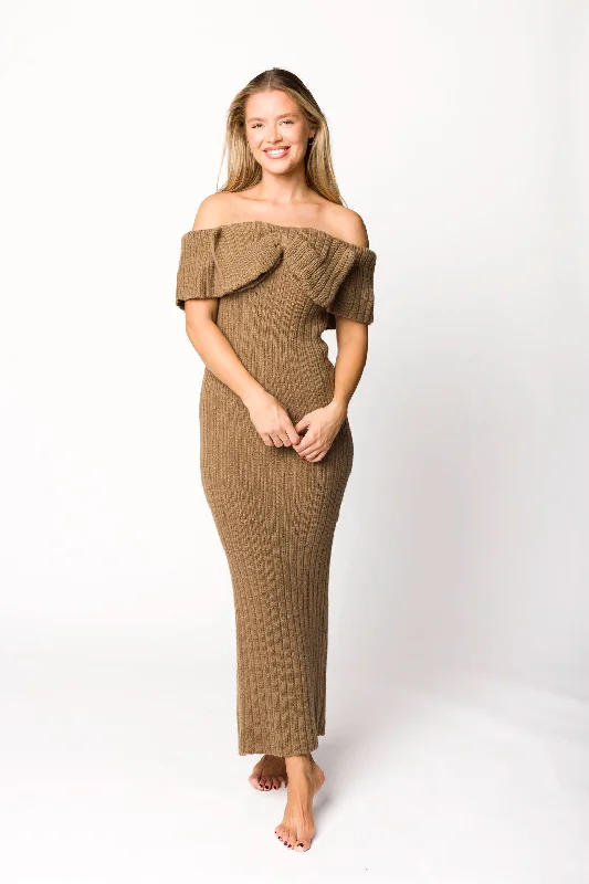 Aston Bow Front Maxi Sweater Dress in Brown