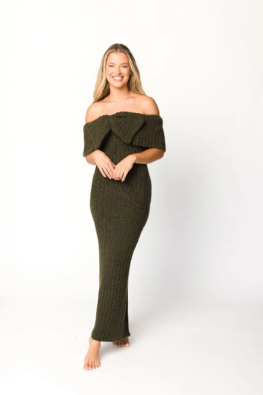 Aston Bow Front Maxi Sweater Dress in Dark Green