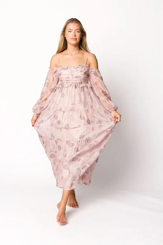 Atlas Rouched Midi Dress in Purple/Blush Floral