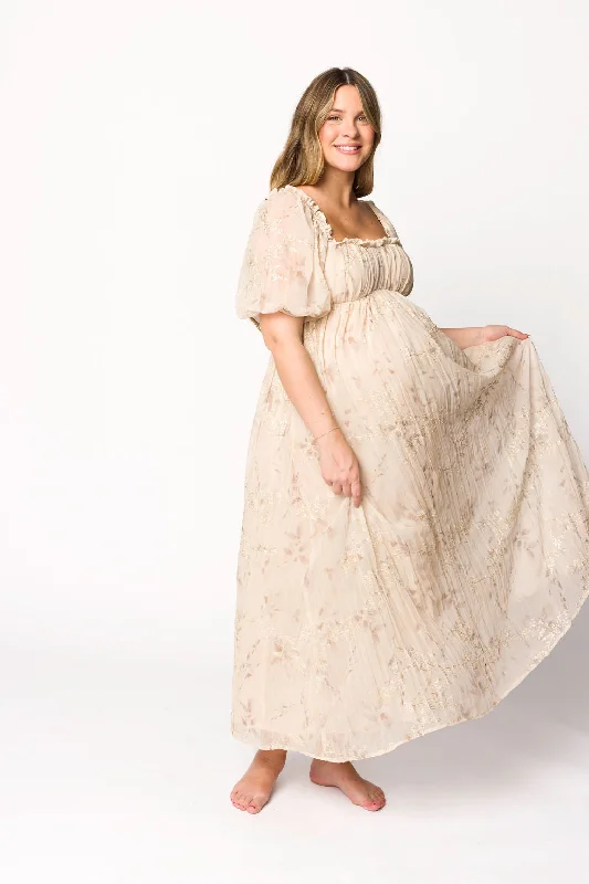 Danielle Puffed Sleeve Maxi Dress in Light Beige Floral - Bump Friendly