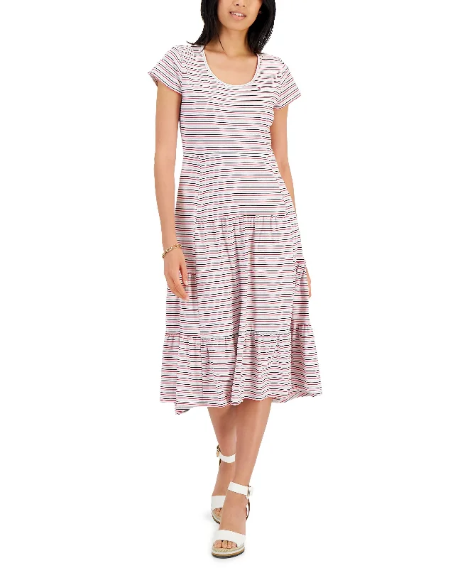 Tommy Hilfiger Womens Striped Tiered Midi Dress