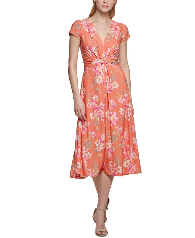 Vince Camuto Womens Floral-Print Twist-Front Midi Dress