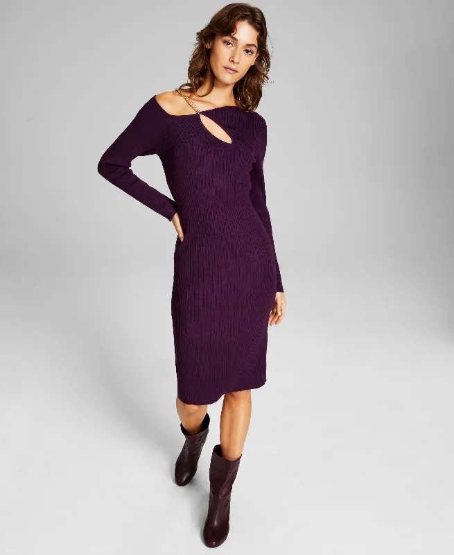 Women's Chain Cutout Long Sleeve Sweater Dress