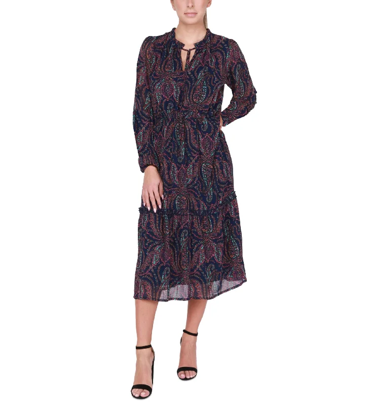 Women's Long-Sleeve Tiered Midi Dress