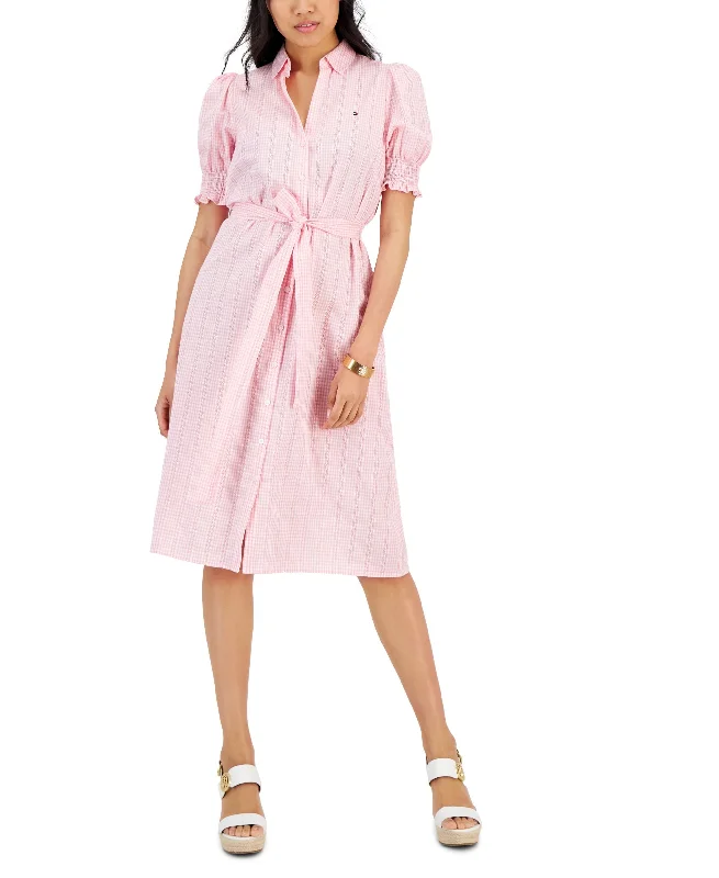 Women's Puff Sleeve Gingham Midi Dress