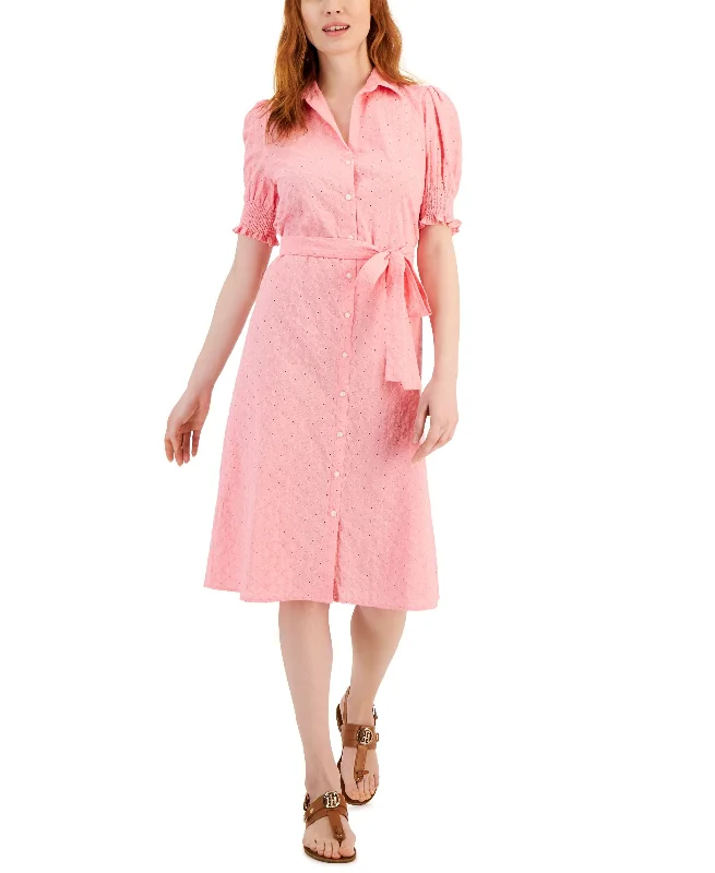 Women's Puffed Sleeve Eyelet Midi Dress