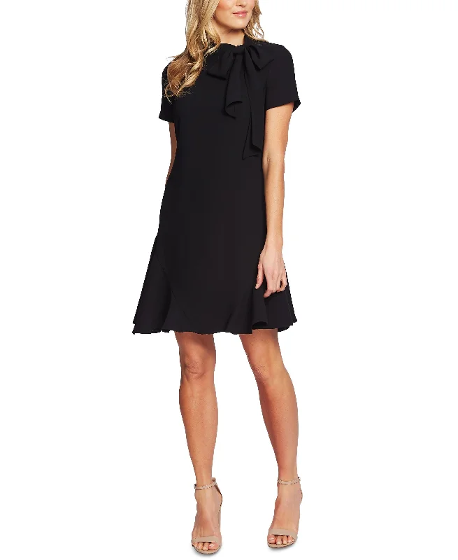 Women's Short Sleeve A-Line Bow Tie Neck Dress