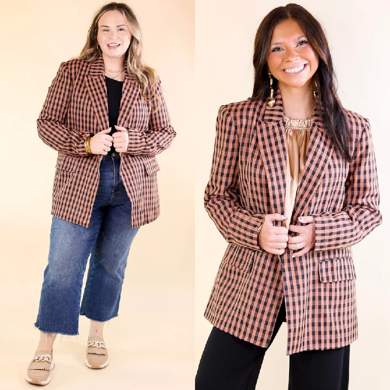 Coffee And Smiles Double Button Plaid Blazer with Long Sleeves in Terracotta Brown and Black