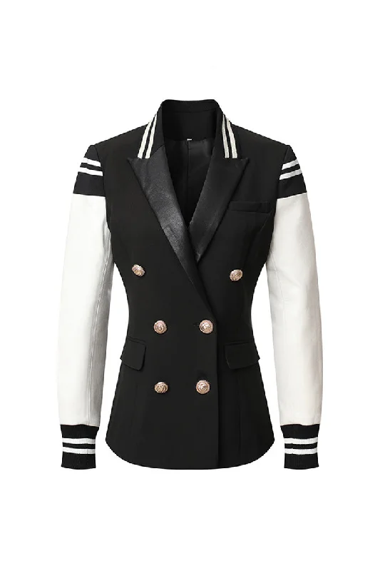 Deconstructed Stripe Lapel Double Breasted Cinch Waist Bomber Jakcet