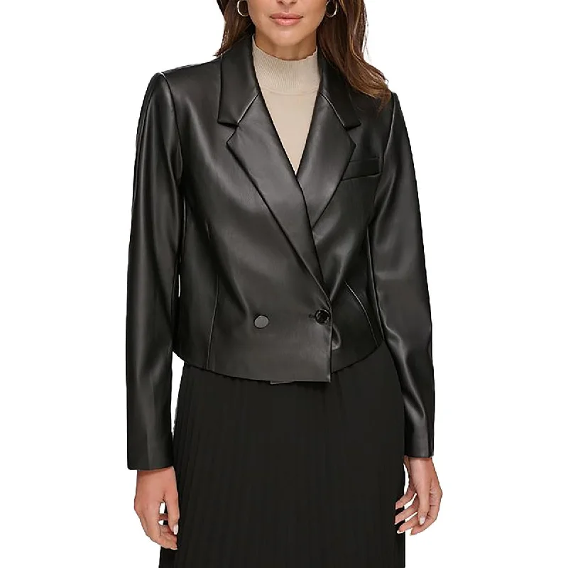 DKNY Womens Faux Leather Crop One-Button Blazer