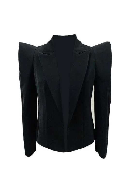 Exaggerated Puff Shoulder Lapel Long Sleeve Open Front Cinch Waist Blazer