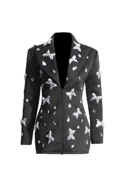 Sparkly Crystal Peak Lapel Zip Up Cinch Waist Butterfly Sequin Party Blazer