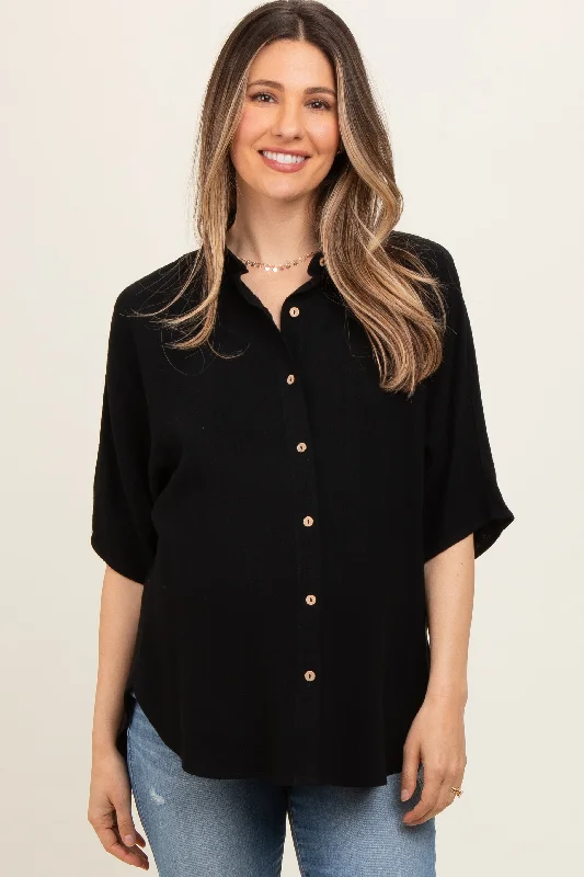 Black Linen Dolman Half Sleeve Button Down Maternity Top