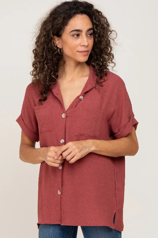 Burgundy Collared Button-Down Short Sleeve Blouse