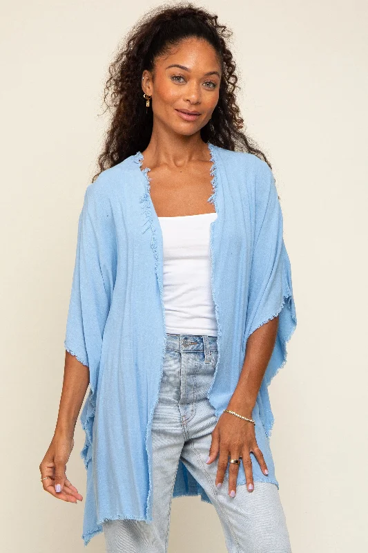 Light Blue Fringe Dolman Sleeve Cover Up