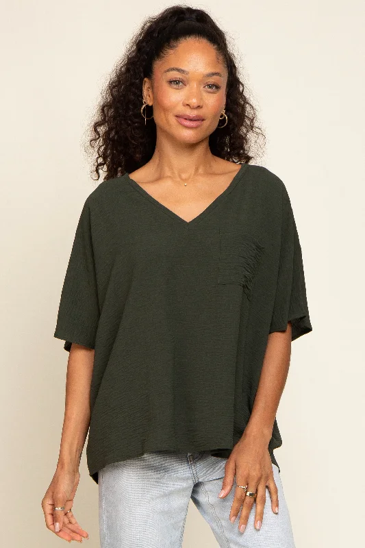 Olive Oversized V-Neck Pocket Front Blouse