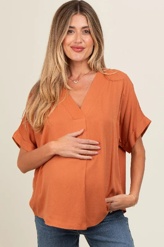 Orange V-Neck Pin-Tuck Detail Maternity Top