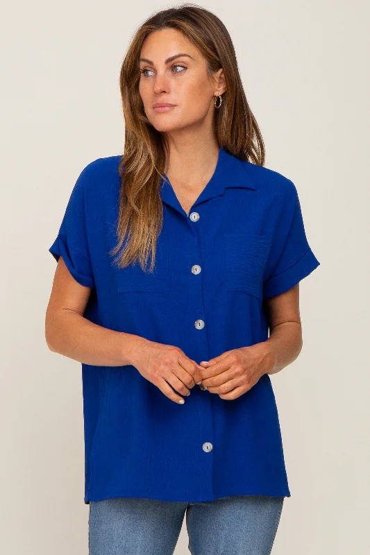 Royal Blue Collared Button-Down Short Sleeve Blouse